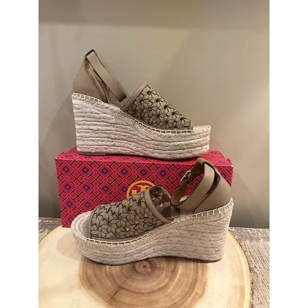 Tory Burch Basketweave‎ Espadrille Wedge Platform Sandal Sz-8 Almond Flour $348